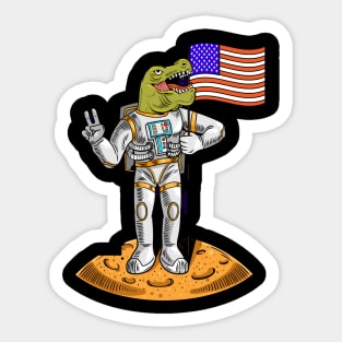 Engraving cool dude in space suit dino t-rex hold american usa flag on moon the first flight on moon space Sticker